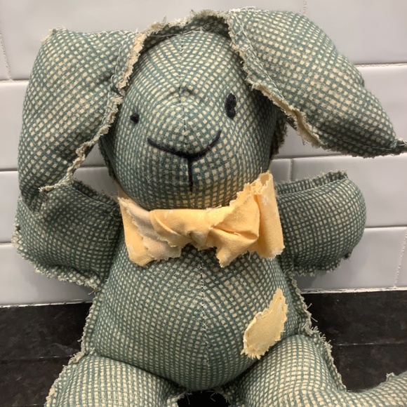 Green Gingham Stuffed Bunny Rabbit with Yellow Bow Tie and Heart - Picture 4 of 4